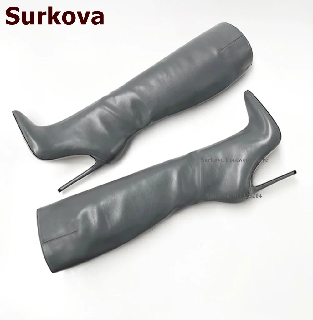 Surkova Red Black Matte Thin High Heel Over-the-knee Boots Pointed Toe Simple Model Fall Winter Outdoor Dress Shoes Size46