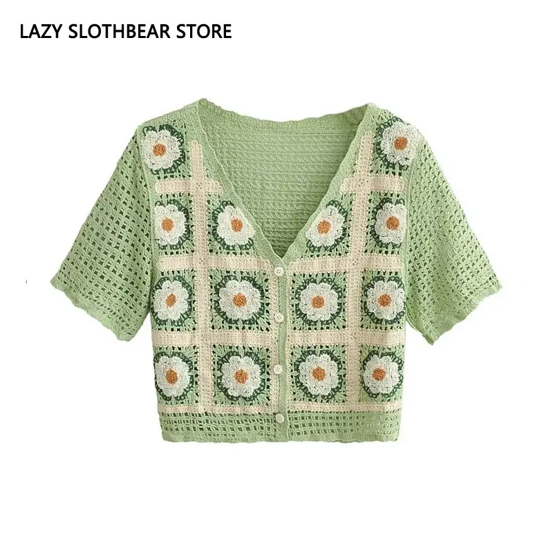 

Casual Ethnic Flowers Knit Shirt Women Autumn Short Sleeve Crop Knitwear Hollow Out V neck Cute Shirt