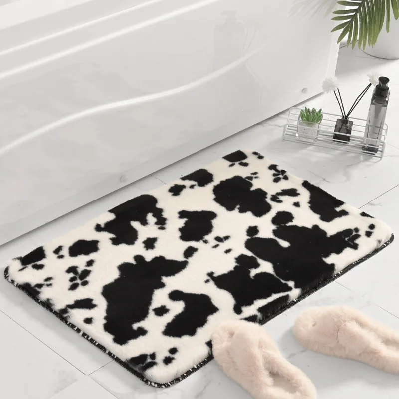 

Cow Print Bath Mat Doormat Soft Faux Rabbit Plush Carpet Animal Pattern Home Decor Living Room Bedroom Rugs Anti-slip Floor Mats