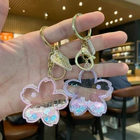 creative flower shape glitter sequins keychain fashion cherry blossom keyring women bag hanging pendant key holder jewelry gifts