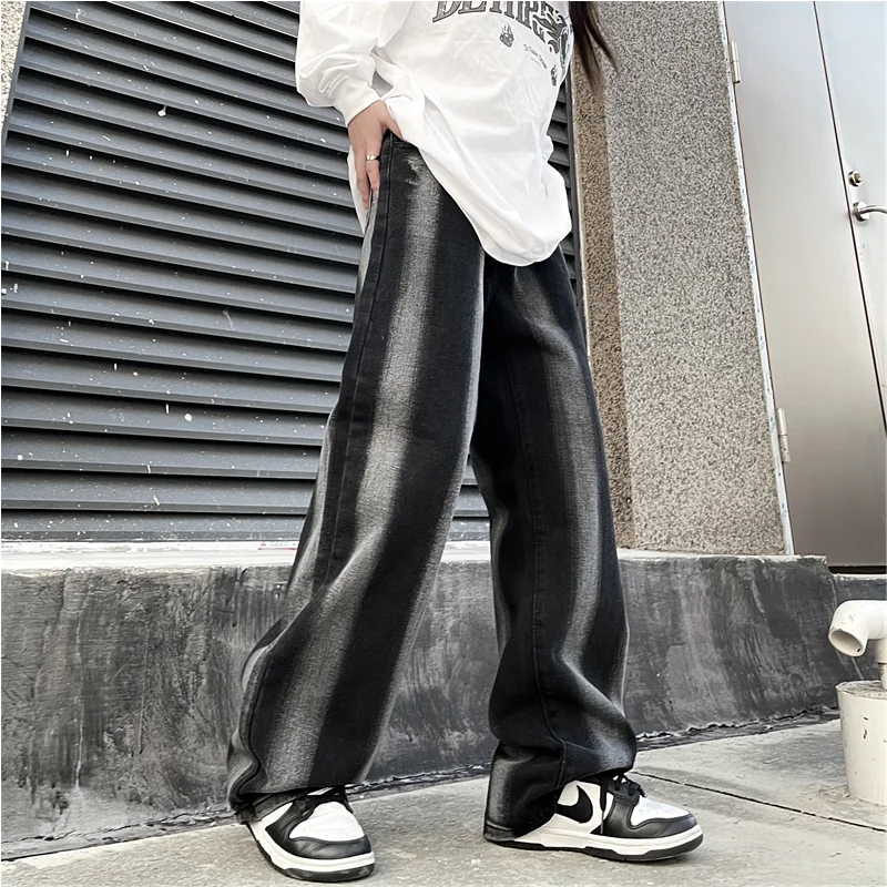 Men Clothing 2022 New Pattern Recreational Vintage Broad Leg Black Stripe Jeans Straight Cylinder Loose Cargo Pants Autumn Women