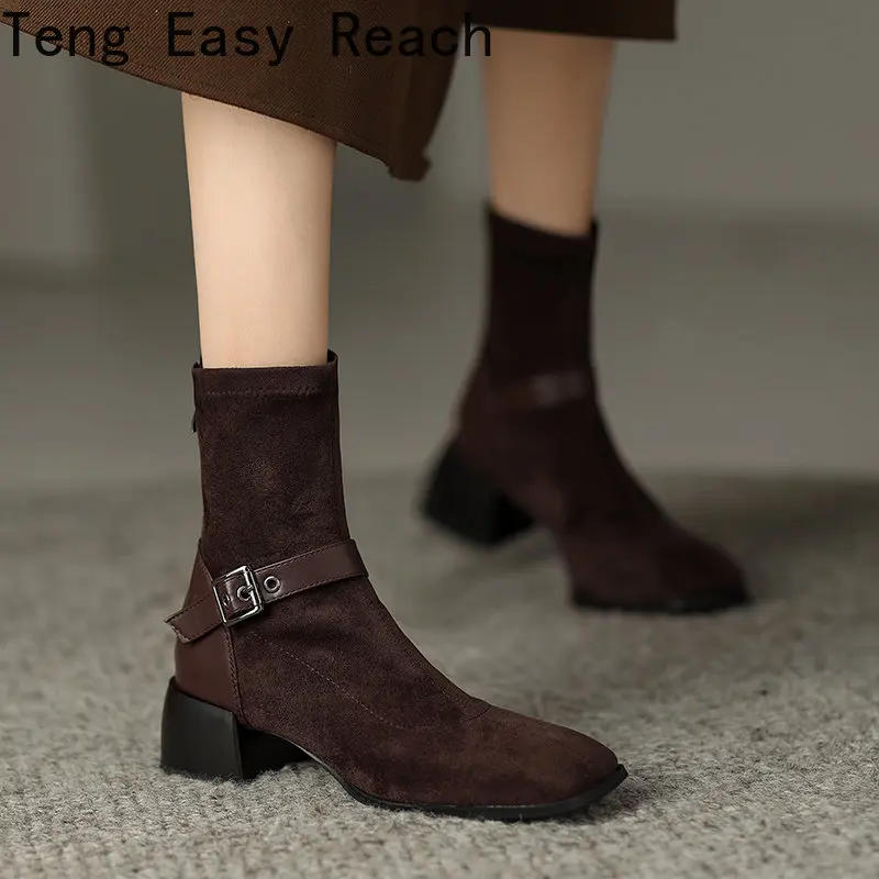 

Ботильоны женские на высоком каблуке, винтажные полусапожки из искусственной кожи, на молнии, на толстом каблуке, коричневые, на осень