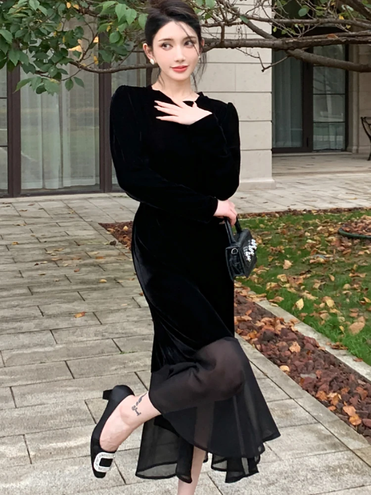 

Black Velvet Patchowrk Mesh Ruffled Mermaid Dress for Women Autumn Winter Elegant Luxury Long Dress 2023 Korean Vintage Vestidos