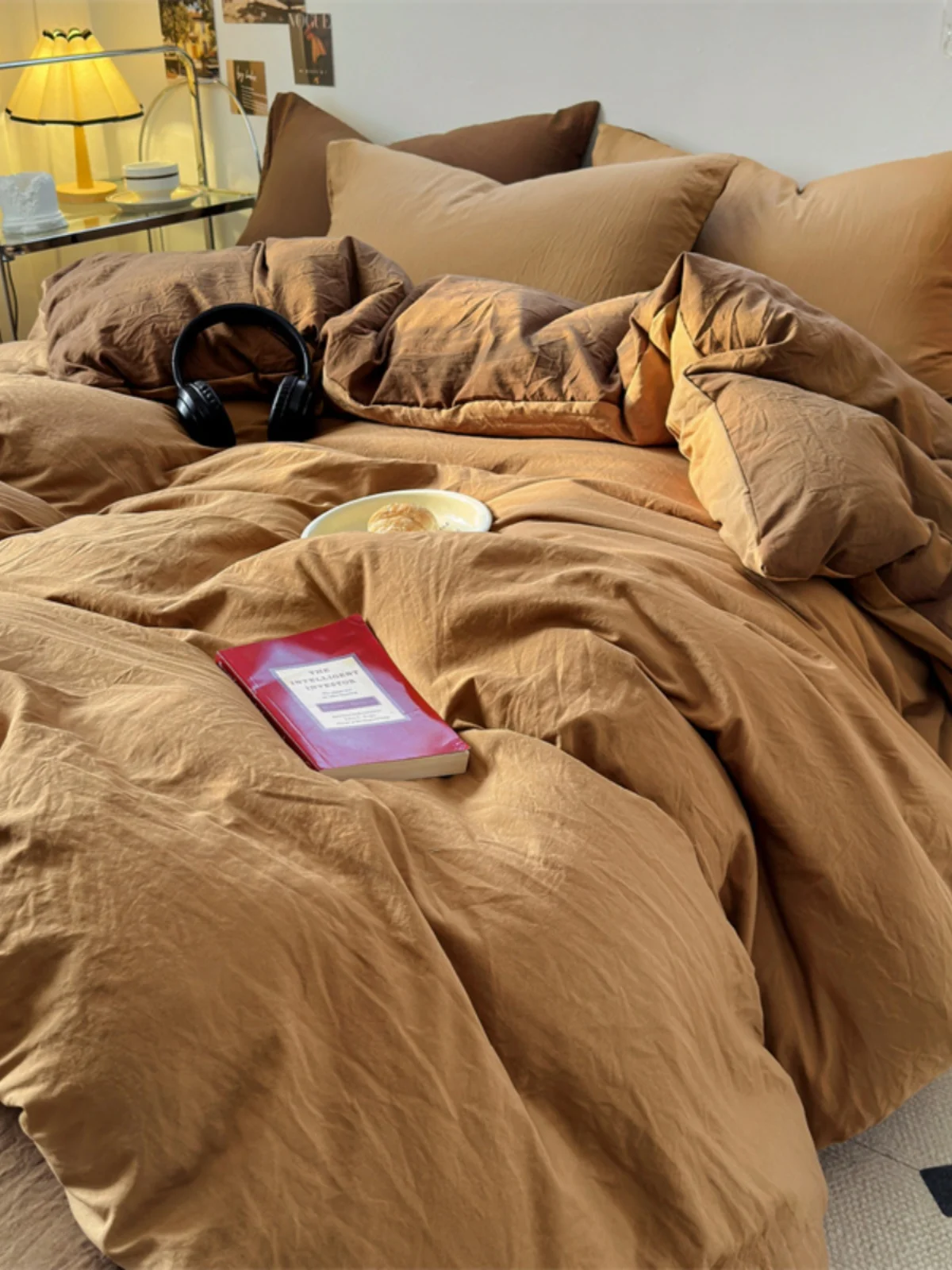 Soft Glutinous Skin-friendly Washed Cotton Quilt Cover Bed Sheet Three-Piece Set Simple Japan fashion Solid 200 X230 Double Q...