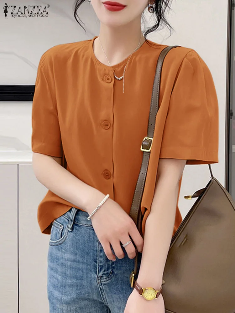 

ZANZEA Woman Fashion OL Tunic Tops Summer Elegant Puff Sleeve Shirt Female O Neck Solid Chemise Casual Street Blusas Oversized