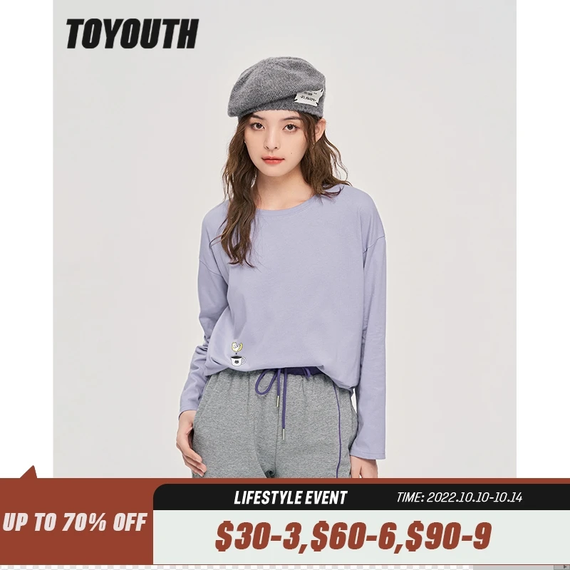 

Toyouth Women Tees 2022 Autumn Winter Long Sleeve O Neck Loose Tshirt Coffee Cup Print Pure Cotton Comfort Basic All Match Tops