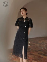 dushu loose office lady womens retro lace dress 2021 summer new black improved cheongsam dress high waist black a line dress