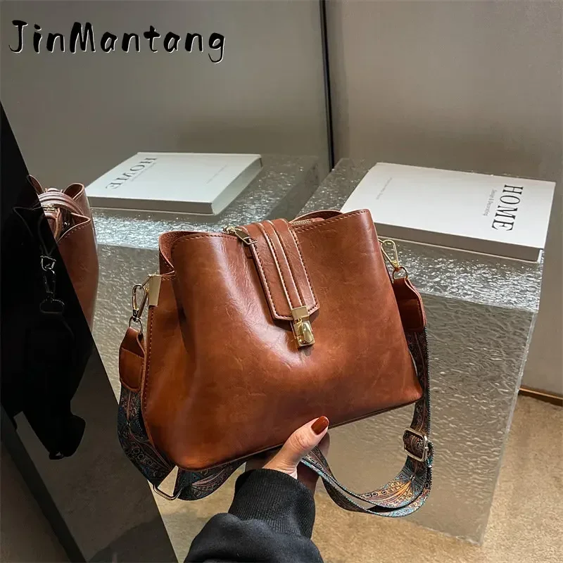 

Shoulder Bags for Women Oil Wax PU Leather Bucket Crossbody Bag Luxury Handbag Designer High Quality