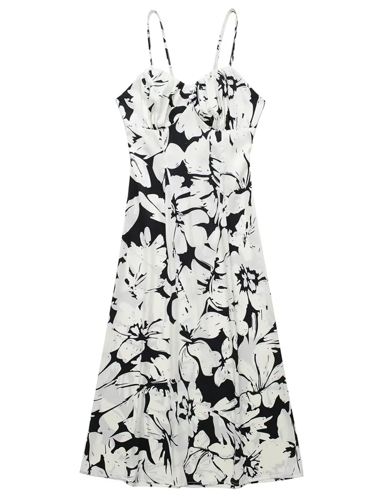 

Платье-миди женское летнее с тропическим принтом и открытой спиной