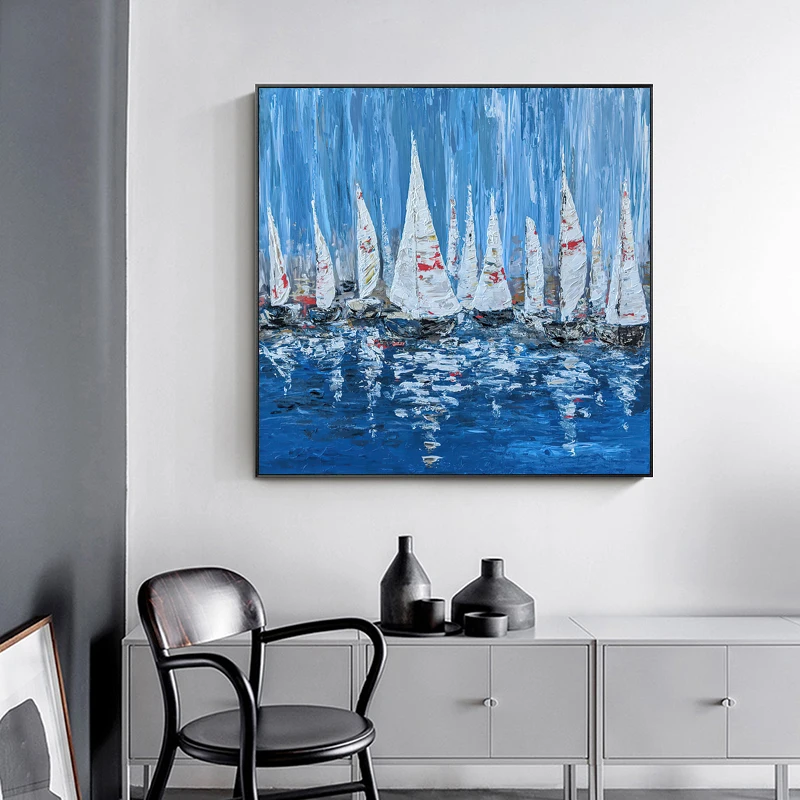 

Ручная роспись маслом светло-роскошная синяя Парусная картина для гостиной декоративная живопись для кабинета подвесная картина простая р...