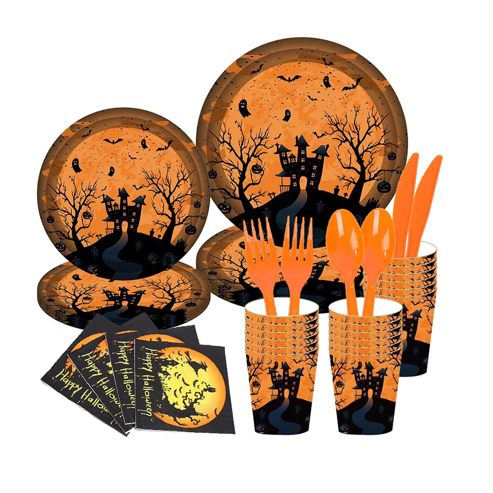 

Halloween Theme Party Disposable Tableware Cartoon Paper Plate Paper Cup Napkin Paper Banner Set Happy Helloween Party Supplies