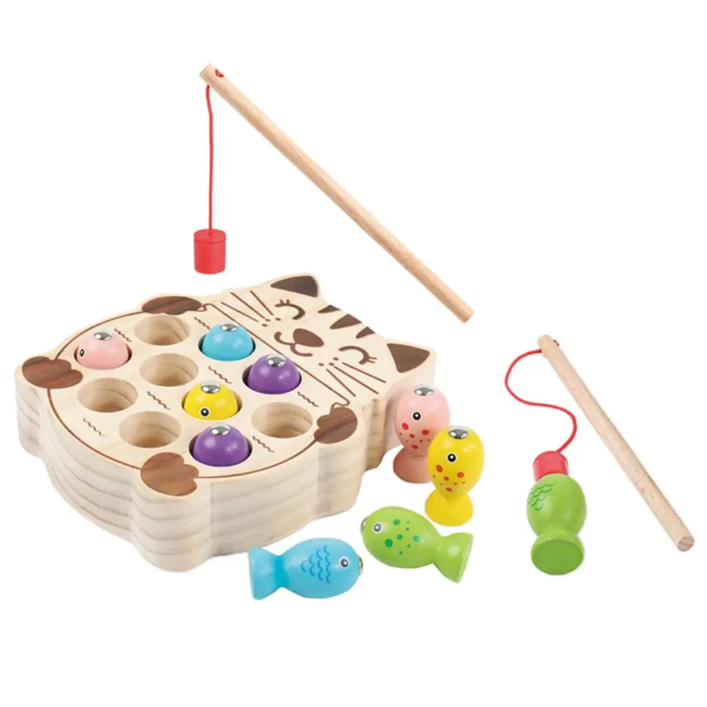 

Magnetic Fishing Game Wooden Cat Magnets Fish Games with Fishing Poles Educational Preschool Learning Toys for Kids Toddlers