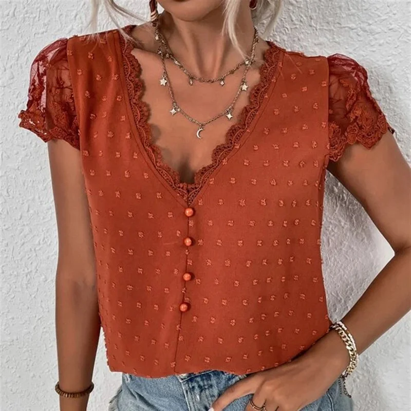 

2023 Woman Embroidery Casual Blouses Summer V-neck Lace White Shirt Short Sleeve Loose Women Tops Vintage Fashion Blusas 25714