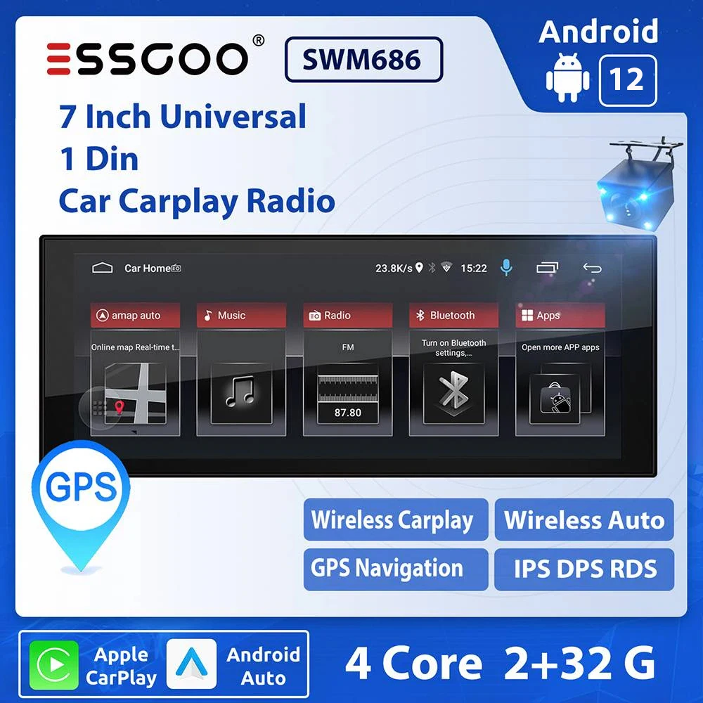 

Автомобильный мультимедийный плеер ESSGOO, мультимедийная система на Android 12, с 7-дюймовым экраном, GPS Навигатором, с MirrorLink, типоразмер 2 din