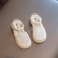 girls sandals kids fashion 2022 summer new korean version houndstooth mesh breathable princess soft sole pu shoes for children