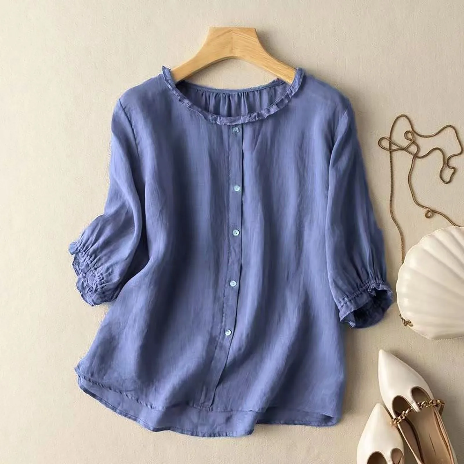 

Plus Size Women Summer Shirt Elegant O Neck 3/4 Sleeve Blouse Casual Solid Tops Tunic Loose Buttons Chemise 2023 Blusas Feminina