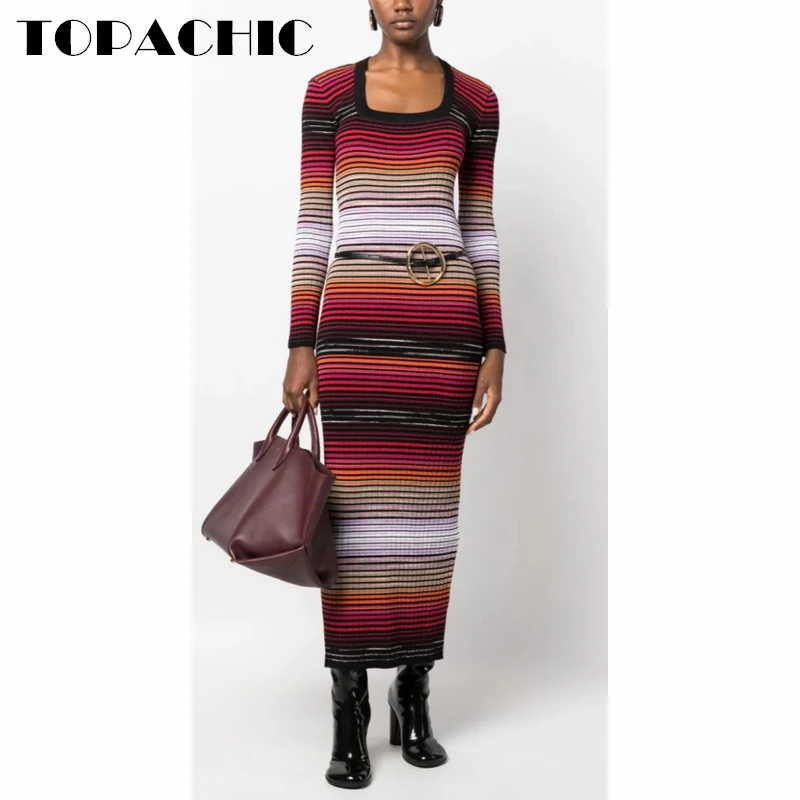 

Женское трикотажное платье без пояса TOPACHIC, элегантное яркое облегающее трикотажное платье с градиентом в полоску, 10,21