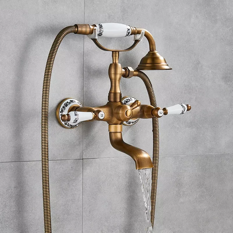 

Antique Brass Golden Bathtub Shower Faucets Set Dual Knobs Mixer Tap Wall Mounted Bath Shower Set Swivel Tub Spout Bath Shower