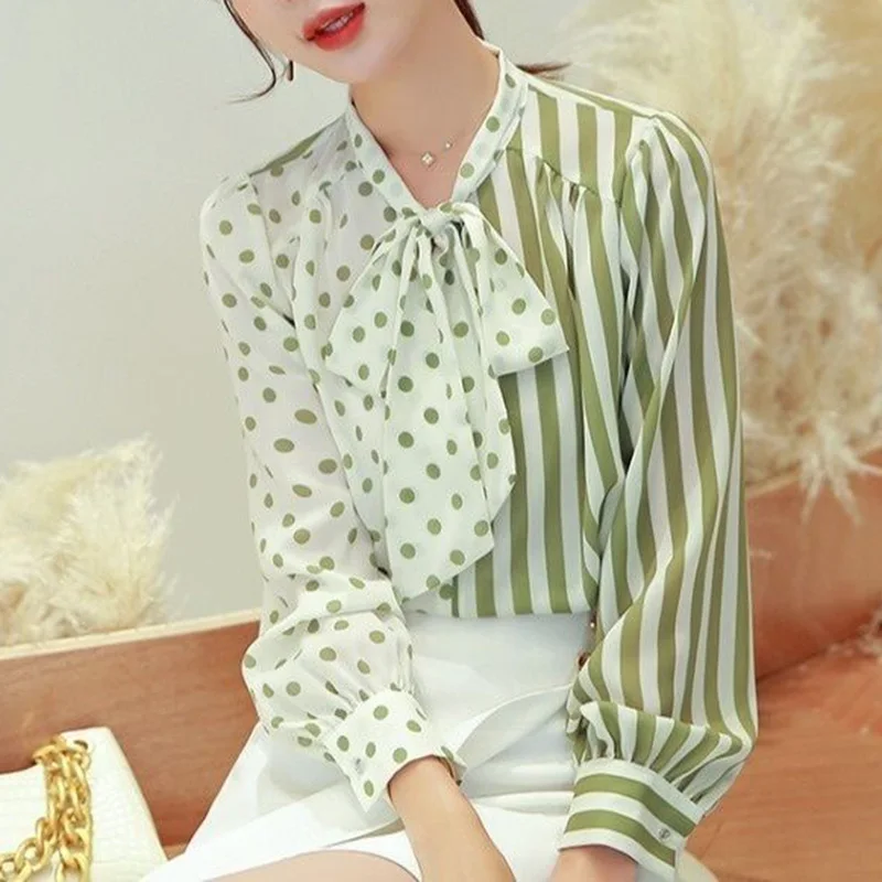 Fashion Chiffon Lace Up Bow Polka Dot Striped Blouse Female Clothing 2023 Spring Summer New Casual Pullovers Asymmetrical Shirt