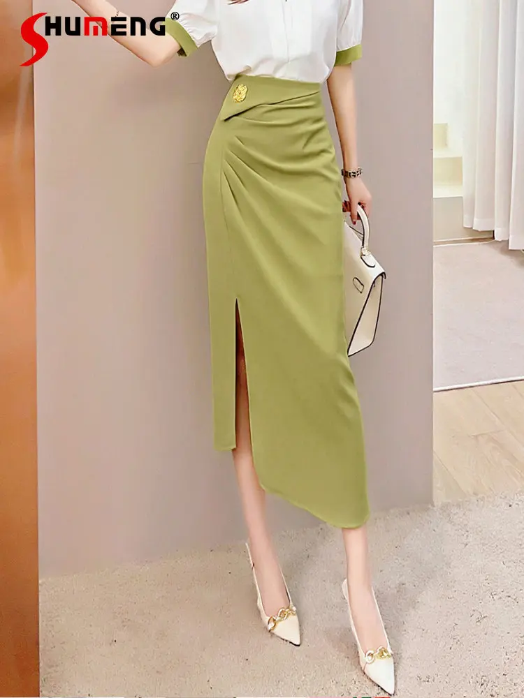 High-End Korean Fashion Green Mid-length Skirts for Women 2023 Summer New Temperament Office Ladies Split High Waist Long Skirt