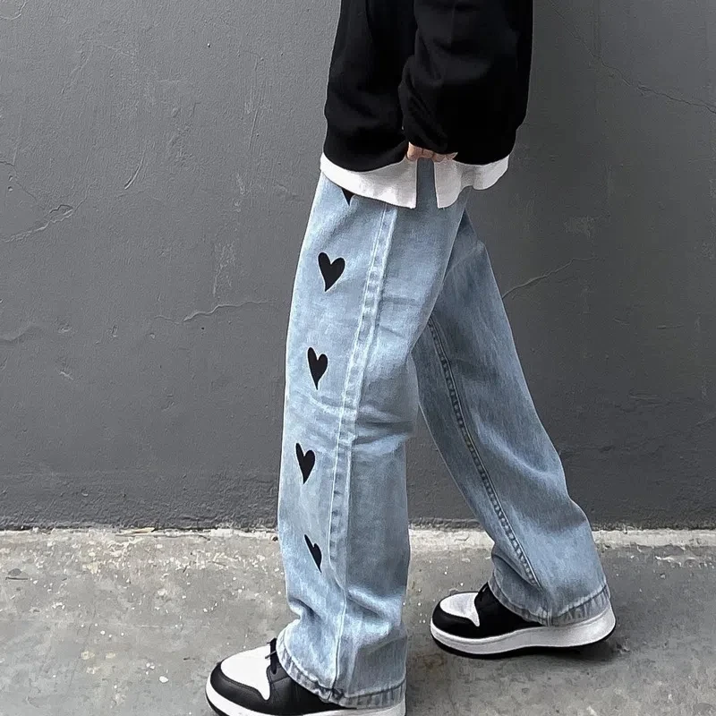 Autumn Winter Vintage Heart Shape Printing Jeans Wide Leg Pants Women Korean Loose Straight Denim Pants Fashion Trousers Unisex