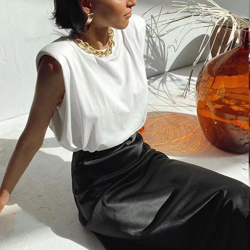 

Office Lady Tank Tops Women Fashion Sleeveless Shoulder Pad High T Shirt Women Cotton Loose Korean Summer 2023 New Ladies Tshirt