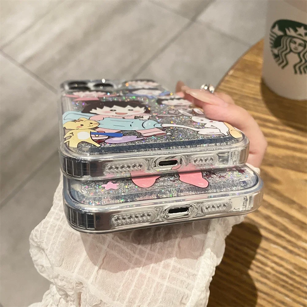 Luxury Star Quicksand Anime Chibi Marukos with Lanyard Phone Case for IPhone 16 15 14 13 12 11 Pro Max Transparent Back Cover