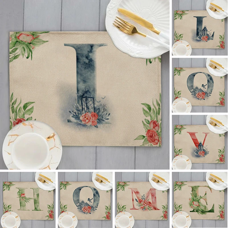 

32x42cm English Letters Alphabet Print Dining Table Mat Flower Leaves Cotton Linen Coaster Pad Bowl Cup Placemat Home Decoration