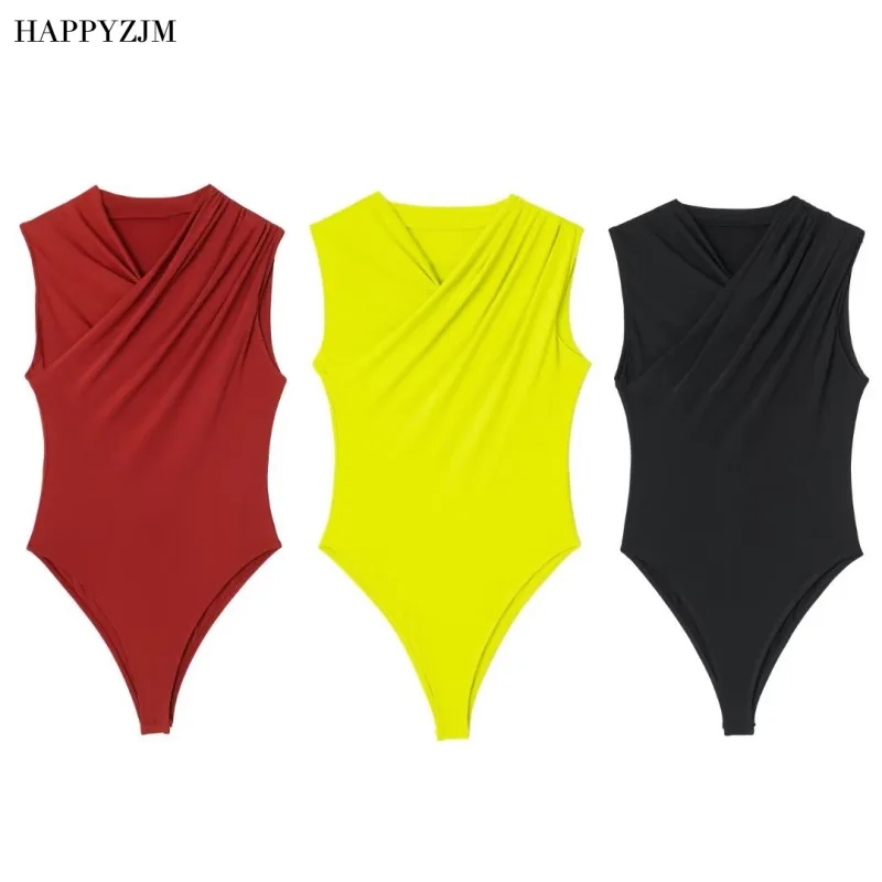 

HAPPYZJM 2023 Новый женский плиссированный декоративный боди Модный V-образный вырез без рукавов облегающий женский модный стиль