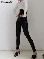 henzworld black sexy pu leather high rise pencil pants for women high waist and abdomen pants stitching slim bag hip leggings