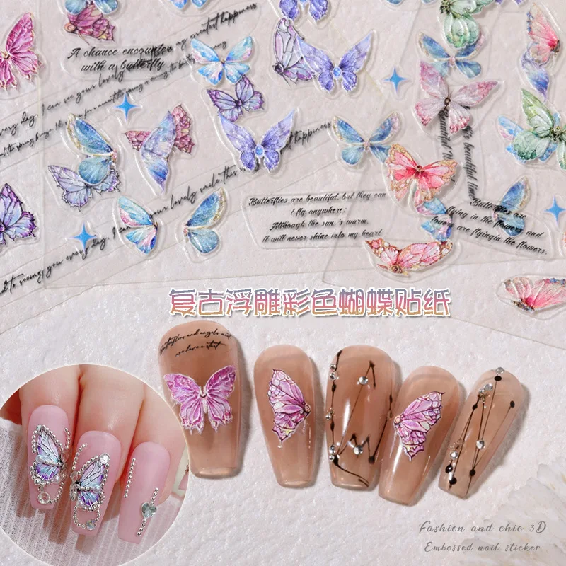

5D Pink Blue Green Butterfly Fairy Nail Stickers Elegant Letter Sliders Embossed Charms Decals Spring Summer Manicure Decoration