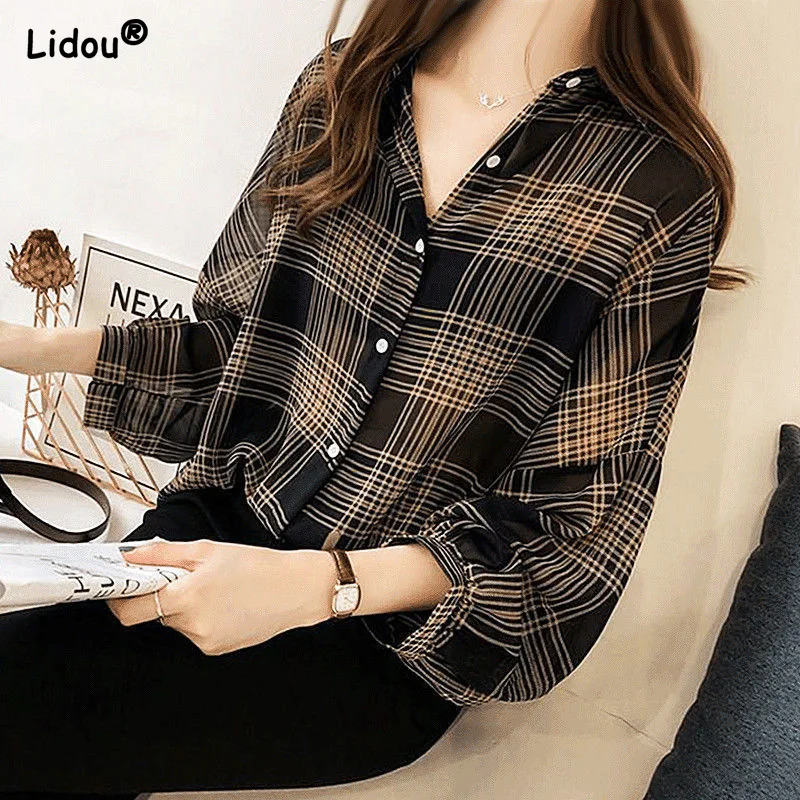 

Oversize Chiffon Turn-down Collar Single Breasted Long Sleeve Blouses Plaid Thin Fashion Causal Wild Shirts Women's Clothing