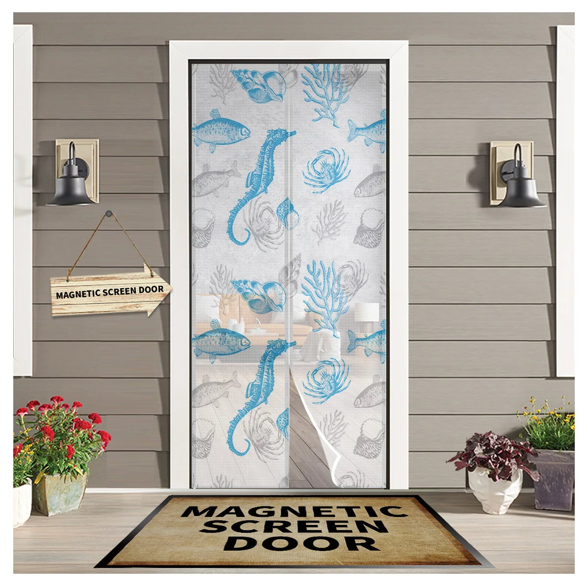 

Ocean Seahorse Fish Shell Magnetic Mosquito Screen Door Curtain Anti Insect Door Mesh Automatic Closing Kitchen Curtain Panels