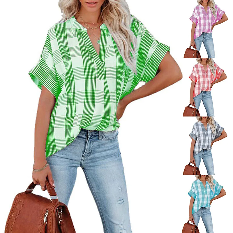 

2022 spring and summer new Plaid short sleeve shirt European and American Printing V-neck loose casual top women vintage top