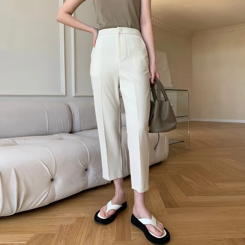 

Women Summer Cropped Trousers Harem Suit Capri Pants Thin High Waist Office Lady Flat Leg XS S Black White Grey