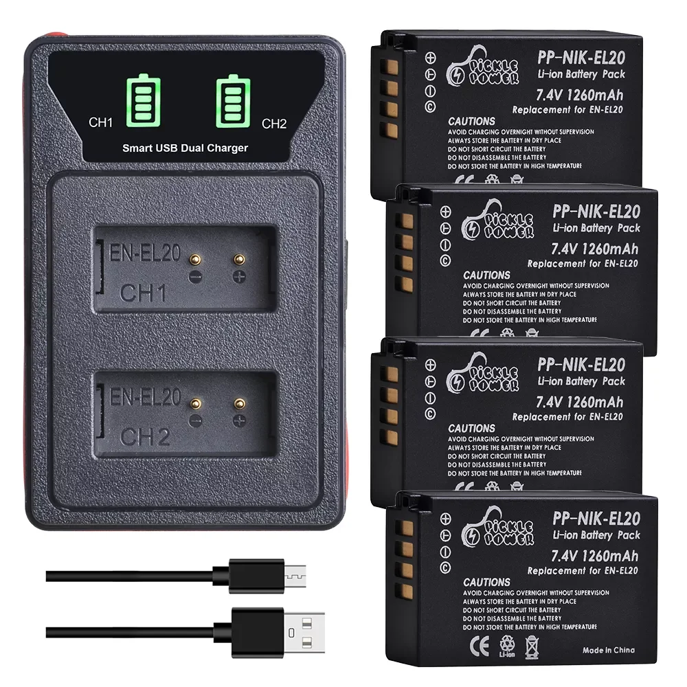 

Pickle Power EN-EL20 EN EL20a Battery+LED Built-in USB Dual Charger for Nikon Coolpix P1000 Nikon1 J1, J2, J3 Nikon1 AW1