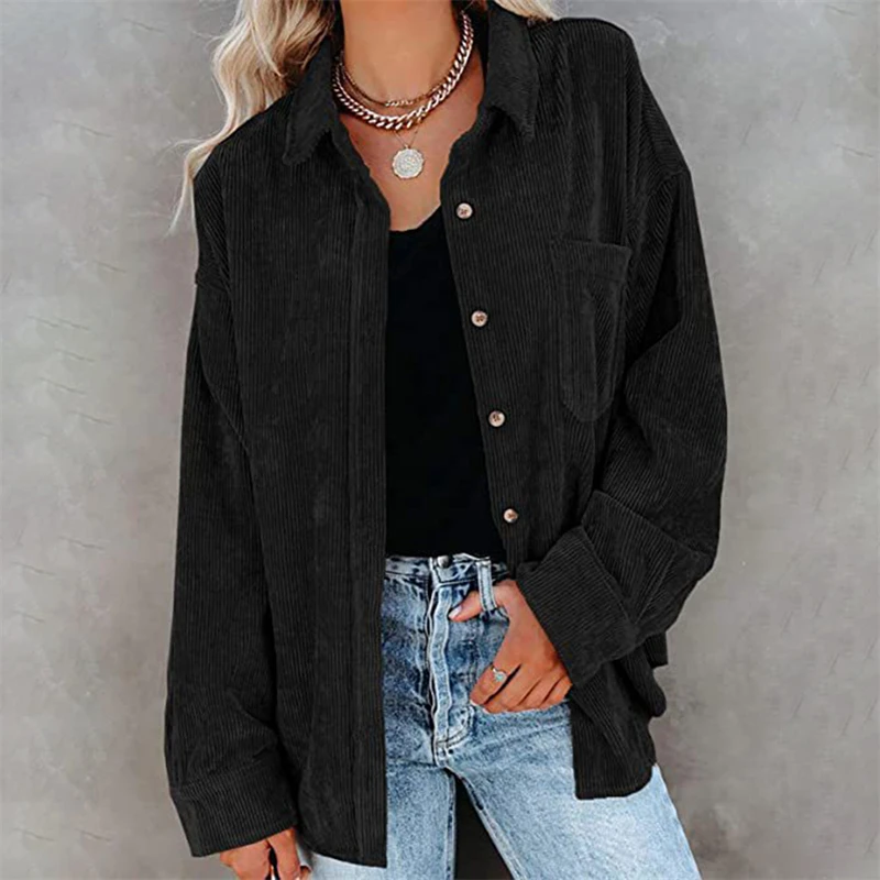 

Женская Вельветовая блузка на пуговицах, повседневная однотонная Свободная блузка с длинным рукавом и отложным воротником, кардиган на осе...