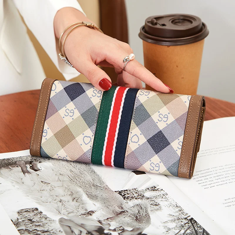 2023 Genuine Leather Women Wallets Brand Design Stripe Ribbon Clutch Bag First Layer Cowhide Long Purse Plaid Female Wallet