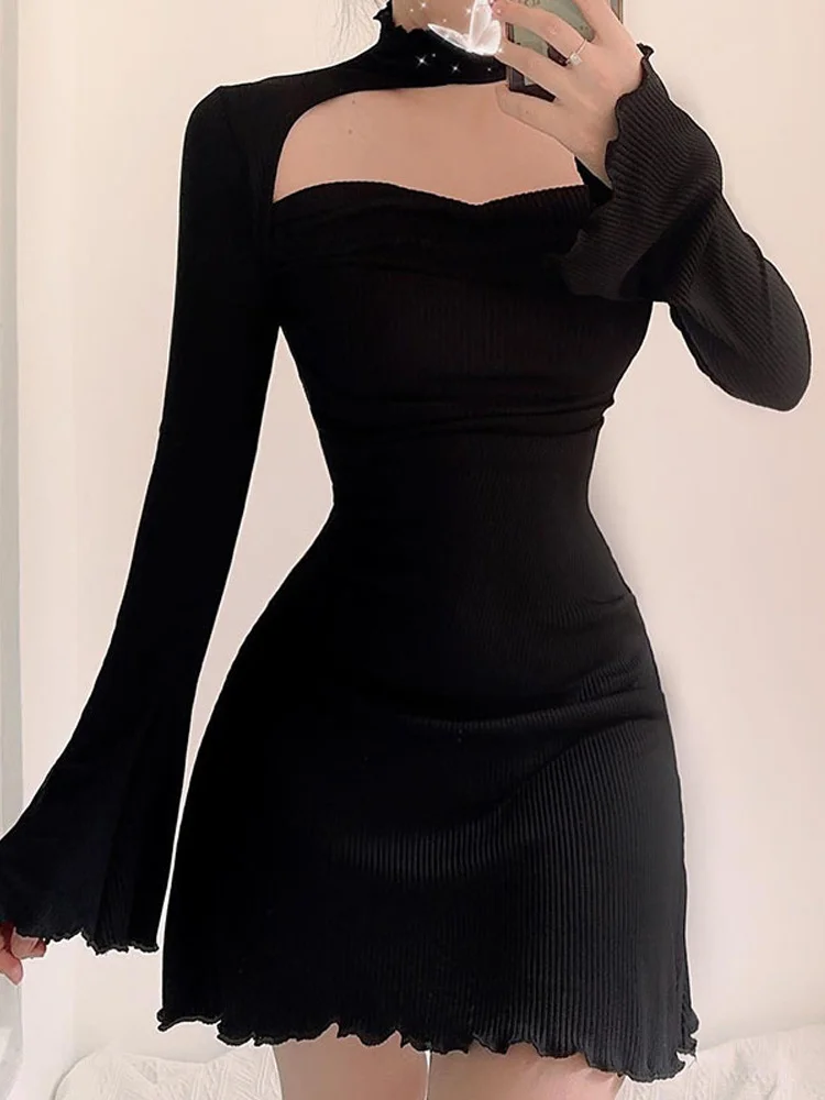 

2023 Y2K черное плиссированное платье с вырезами, трикотажное винтажное сексуальное ТРАПЕЦИЕВИДНОЕ ПЛАТЬЕ С Длинным Рукавом, женское платье в стиле ретро, женская уличная одежда