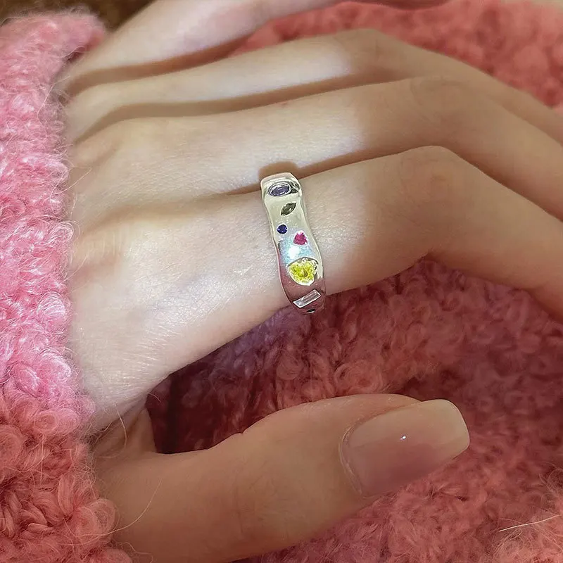 

S925 Sterling Silver Colored Zircon Ring Female Open Ring With Simple Temperament Hip Hop Street Chic Personality To Girlfriend