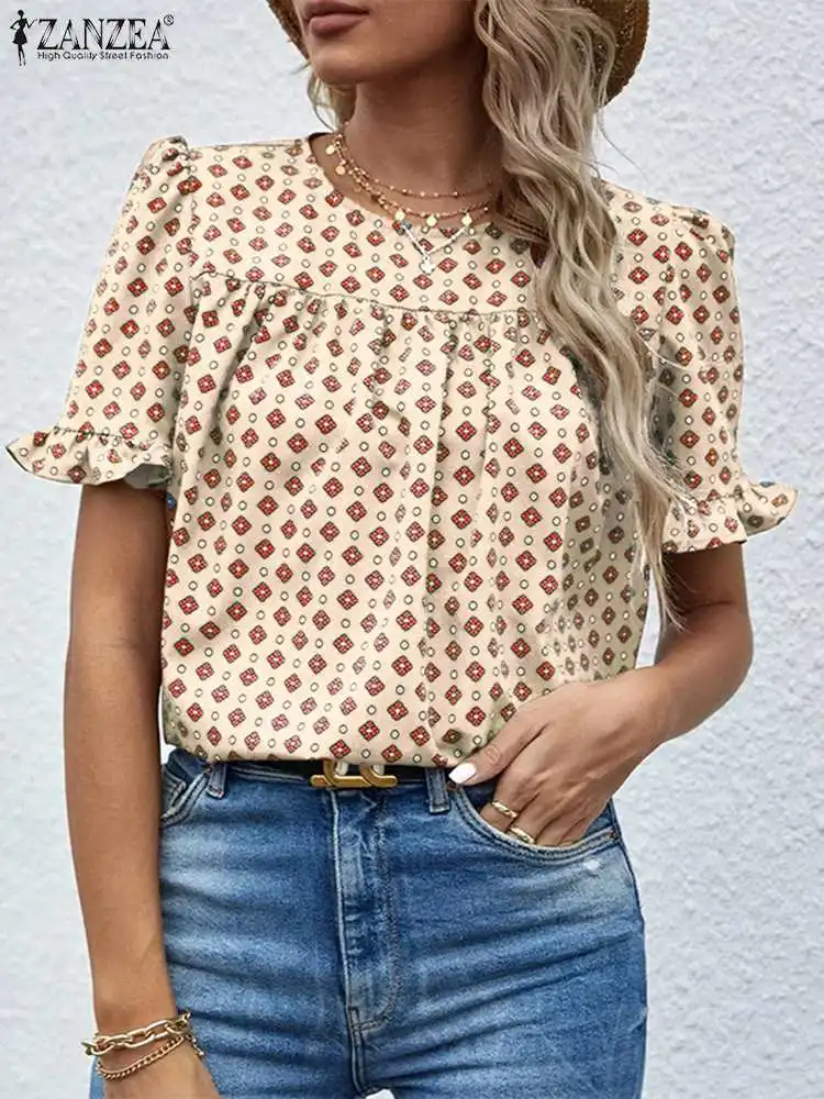 

ZANZEA Summer Printed Tops Woman Fashion Short Sleeve O Neck Blouse Fungus Ruffled Tunic Shirt Casual Pleated Chemise Oversized