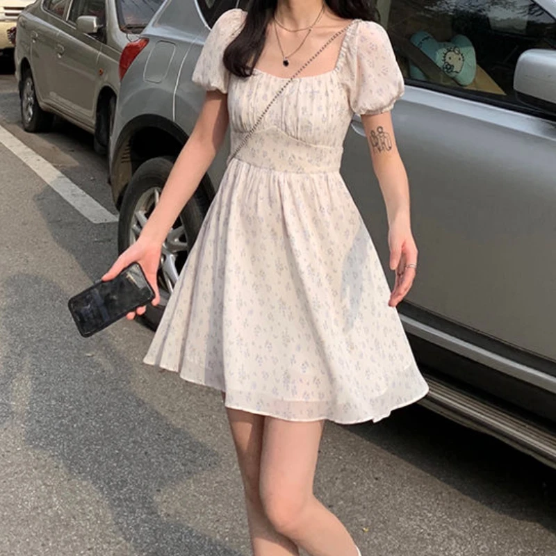 

Dresses Women Puff Sleeve Holiday Sundress Hollow Out Floral Design Korean Style College Lovely Simple Trendy Summer Vestidoes