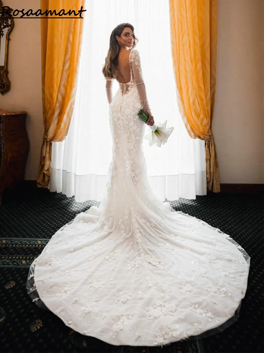 

Charming Long Sleeve Floral Appliques Lace Mermaid Wedding Dresses Illusion Backless Vestidos De Novia Beach Bride Gowns