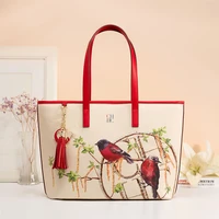chhc luxury brand womens tote bag portable one shoulder large capacity leather flower and bird pattern metal zipper decoration