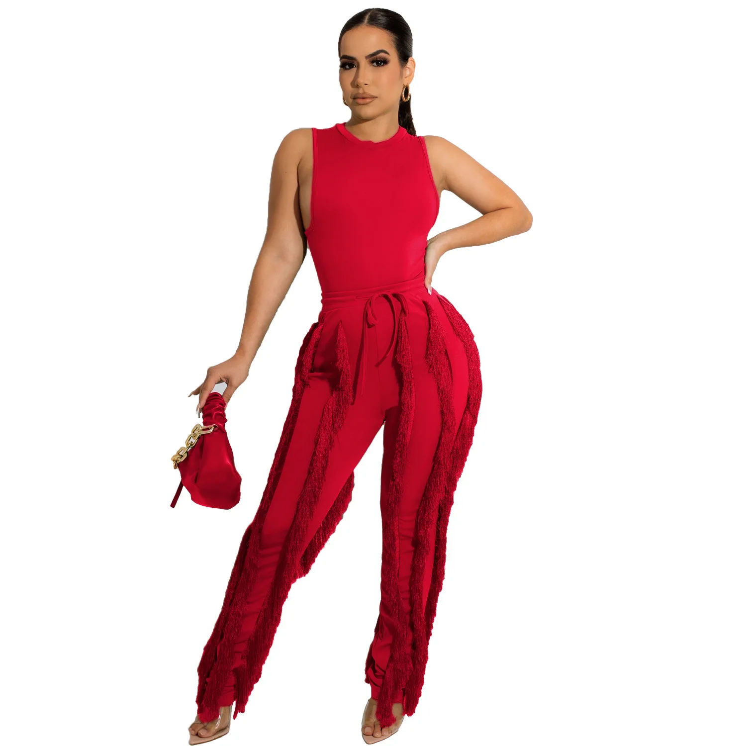 Fashion Solid Romper Casual Tank Top & Tassel Decor Drawstring Pants Set Skinny Tank Jumpsuits Summer Female Outfit Streetwear