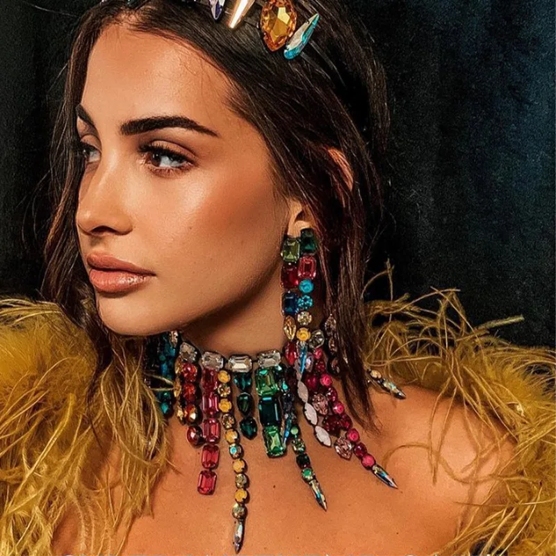 

Exaggerate Colorful Large Crystal Necklace Aesthetic Jewelry for Women Square Rhinestone Tassel Choker Necklace Christmas Gifts