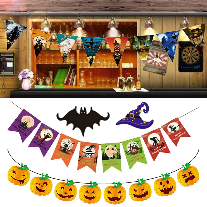 Halloween Decoration Paper Flag Halloween Ornaments Living Room Door Window Happy Halloween Pumpkin Witch Hat Children's Toy Tag