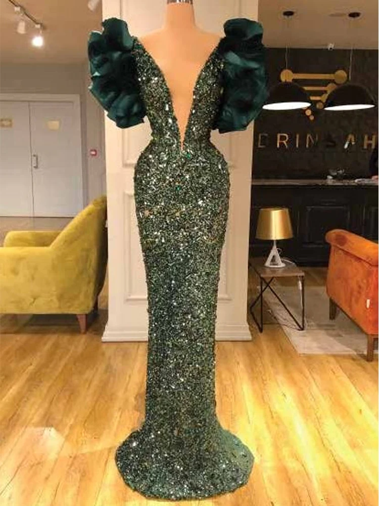 

Женское вечернее платье-русалка, сексуальное платье с глубоким V-образным вырезом, коротким рукавом и оборками, расшитое пайетками, официал...