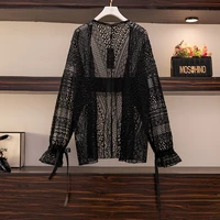 womens summer shawl loose sun top lace cardigan elegant flare sleeve hollow out lace mesh with suspender skirt cardigan blouse