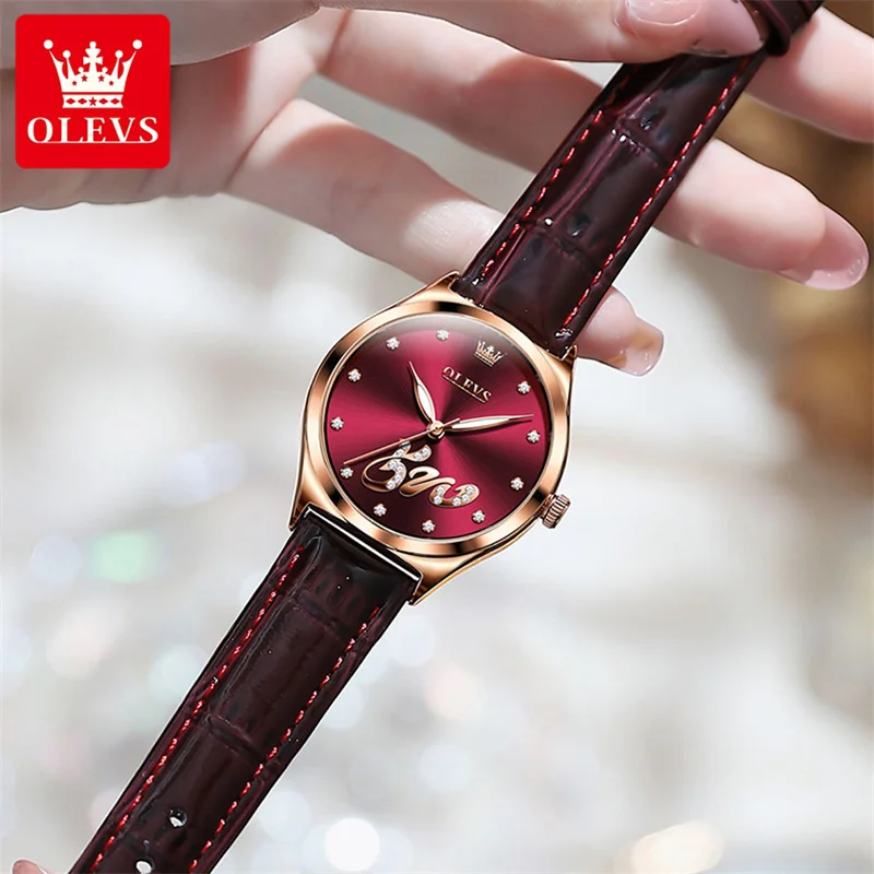 OLEVS Luxury Quartz Watch Girl's Elegant Fashion Red Dial Waterproof Ladies Leather Watches Women High Quality Zegarek Damski